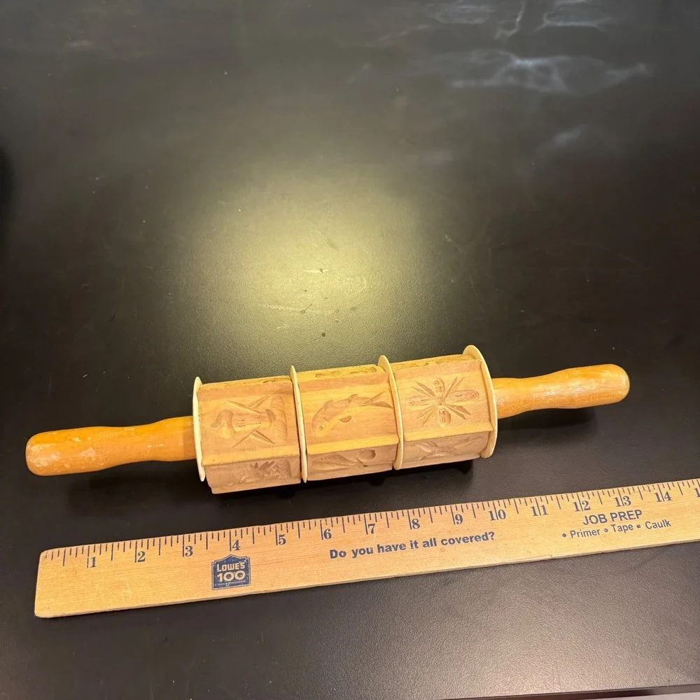 Decoration Only Springerle Rolling Pin Brown Wood Carved Bird Fruit Fish